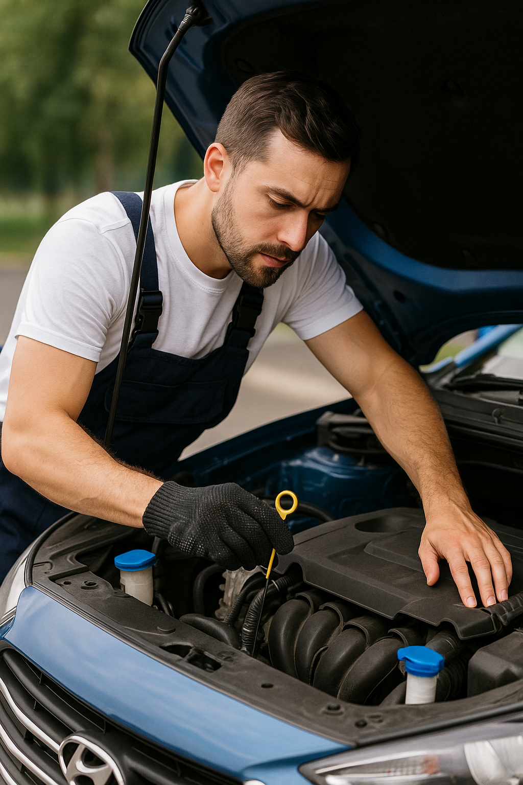 Person performing basic car maintenance checks under the hood