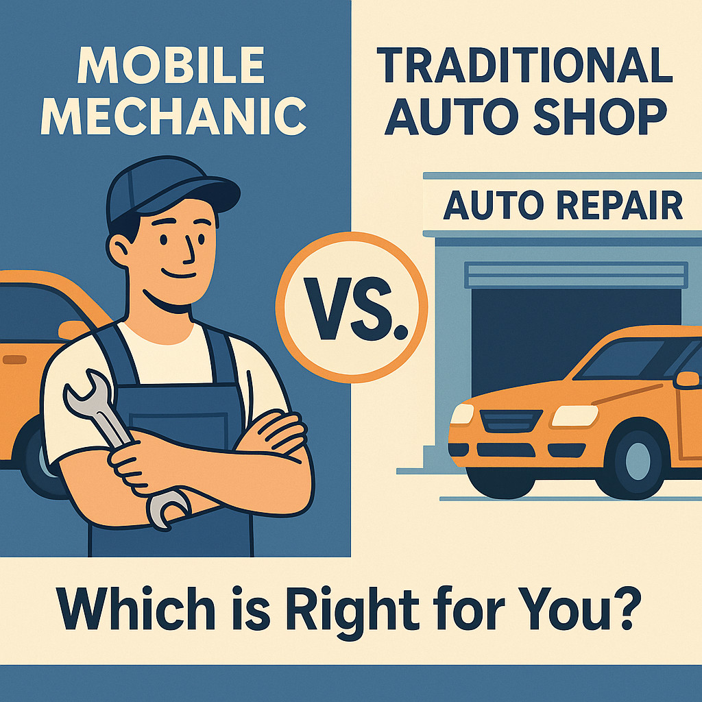 Mobile mechanic working on a car in a driveway compared to traditional auto shop